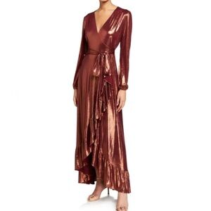 WAYF Women’s Meryl Long-Sleeve V Neck Metallic Wrap Long Sleeve Dress SZ XS NWT